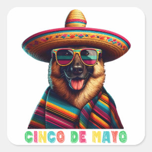 Adesivo Quadrado German shepherd Cinco De Mayo Com Poncho Sombrero