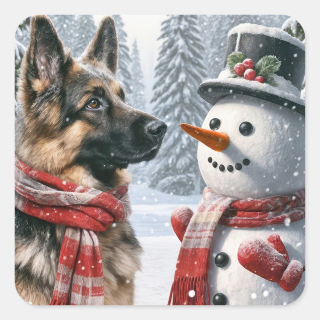 Adesivo Quadrado German shepherd com boneco de neve de Natal (Frente)