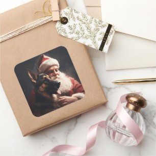 Adesivo Quadrado German shepherd com Papai Noel Natal Festivo