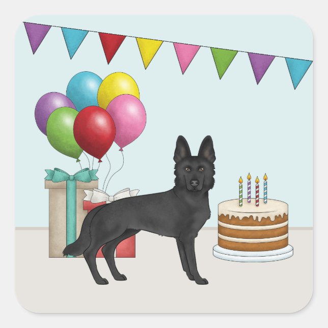 Adesivo Quadrado German shepherd Preto Com Bolo Colorido Aniversári (Frente)