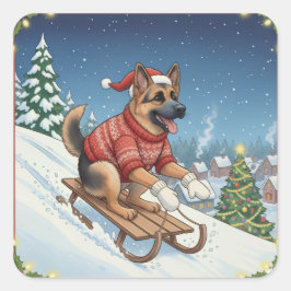 Adesivo Quadrado German Shepherd Sledding, Christmas Stickers