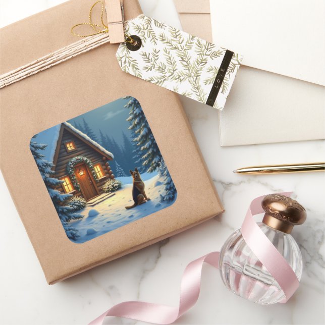 Adesivo Quadrado German Shepherd Snowy Forest Cabin Christmas Paint (Presentear)