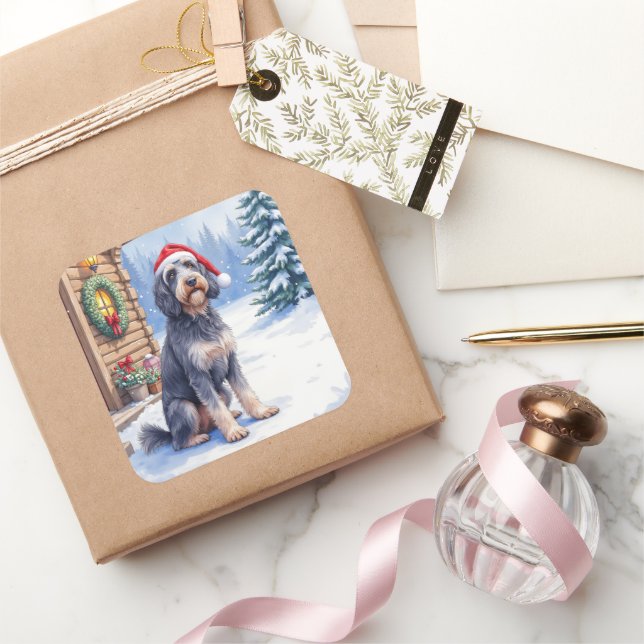 Adesivo Quadrado German Wirehaired Pointer Snowy Lodge Santa Hat (Presentear)