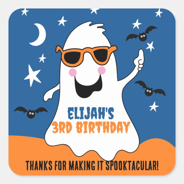 Adesivo Quadrado Ghost Halloween Aniversário de criança Cute (Frente)