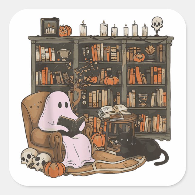 Adesivo Quadrado Ghost Reading Book Cat lover Halloween (Frente)