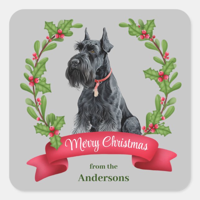Adesivo Quadrado Giant Schnauzer Dog Holly Banner Natal (Frente)