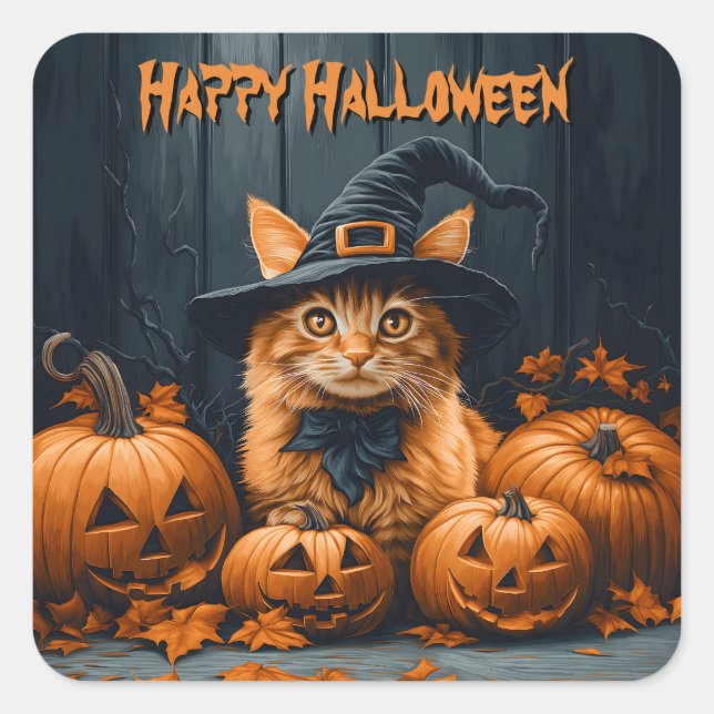 Adesivo Quadrado Ginger Cat com Pumpkins Halloween (Frente)