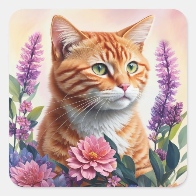 Adesivo Quadrado Ginger Cat Floral Multicolor Art (Frente)