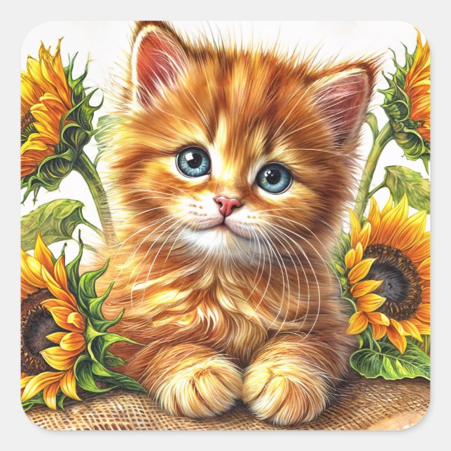 Adesivo Quadrado Ginger Kitten entre a Arte Sunflower (Frente)