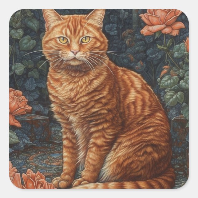 Adesivo Quadrado Ginger Tabby Cat e Rosas (Frente)