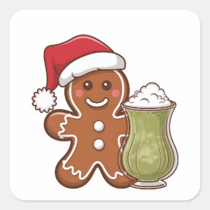 Adesivo Quadrado Gingerbird Man Holding Matcha Beber Natal