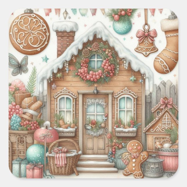 Adesivo Quadrado Gingerbread House & Cookies (Frente)