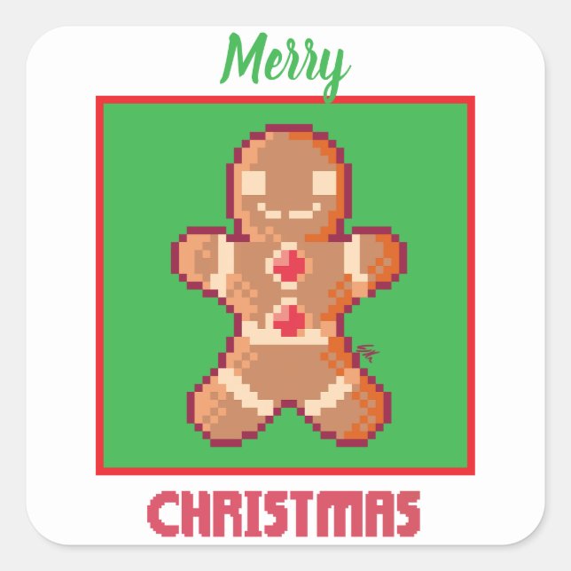 Adesivo Quadrado GingerBread Man, Merry Christmas pixel art (Frente)