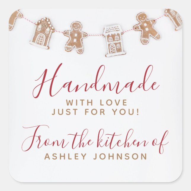 Adesivo Quadrado GINGERBREAD Vermelho Feita À Mão Com Amor (Frente)