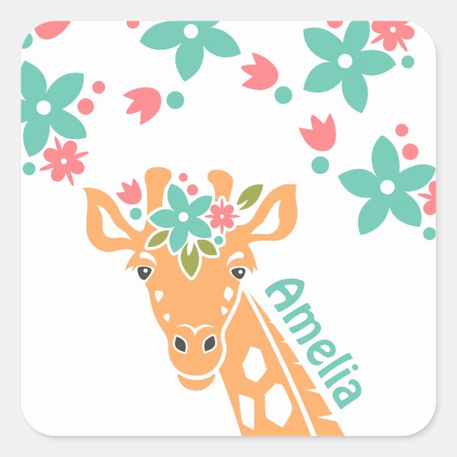 Adesivo Quadrado Girafa Bonita com Coroa Flor Personalizada (Frente)