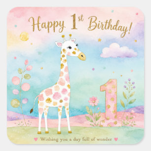 Adesivo Quadrado Girafa Caprichosa Primeiro Aniversário Maravilha