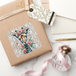 Adesivo Quadrado Girafa com Rosas Rosa e Lace Vintage