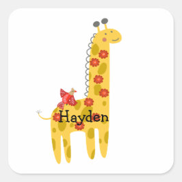 Adesivo Quadrado Girafa e Flor de Pássaro Nome Personalizado Amarel