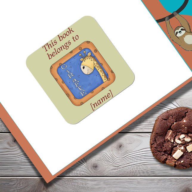 Adesivo Quadrado Girafa Este Livro Pertence Ao Vinheta De Livraria (Giraffe This Book Belongs To Bookplate Sticker)