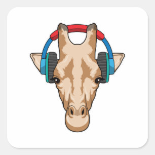 Adesivo Quadrado Girafa na Música com Fone de Ouvido