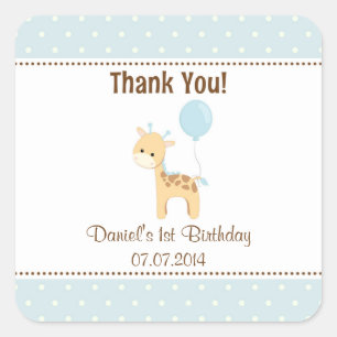 Adesivo Quadrado Giraffe Aniversário Obrigado Stickers (Azul)