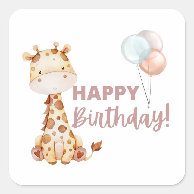 Adesivo Quadrado Giraffe Birthday Stickers (Frente)