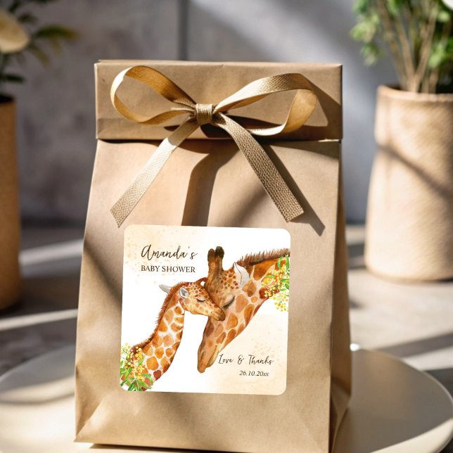 Adesivo Quadrado Giraffe safari chá de fraldas obrigado a favor (Giraffe safari baby shower favors customized printed thank you favor square sticker)