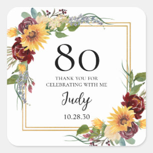 Adesivo Quadrado Girassóis de Aniversário de 80 anos Obrigado