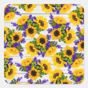 Adesivo Quadrado Girassol amarelo roxo de madeira branco rústico d