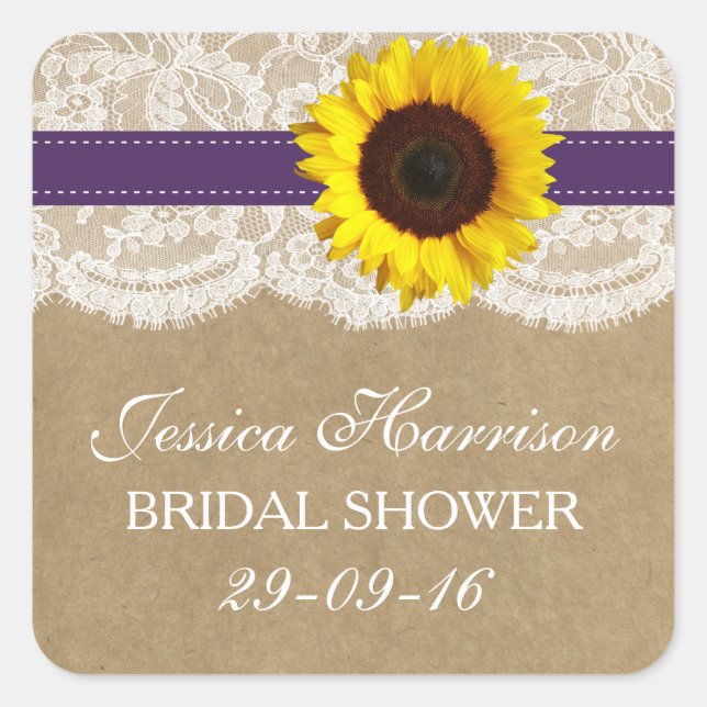 Adesivo Quadrado Girassol Russo, Burlap & Lace Chá de panela (Frente)