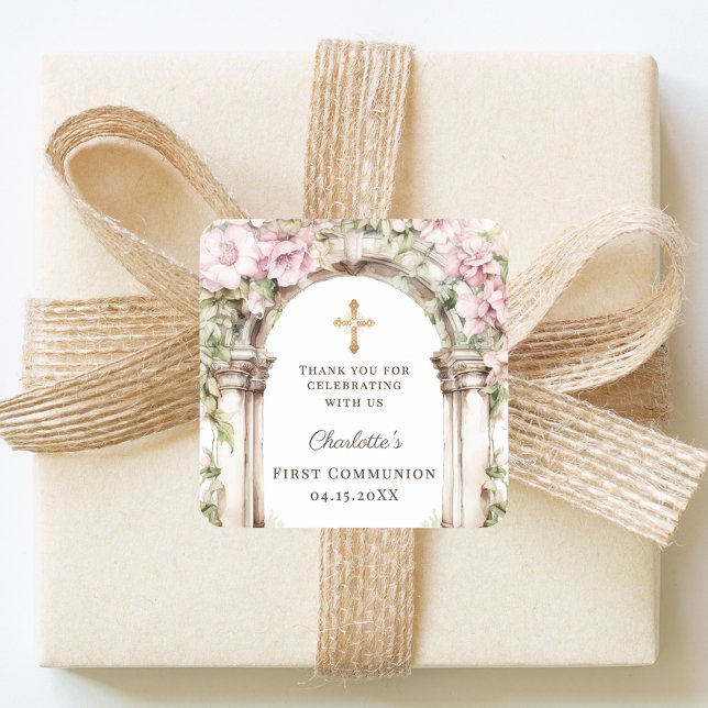 Adesivo Quadrado Girl First Communion Pink Florals Arch Cross (Criador carregado)