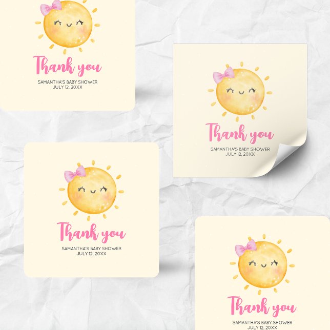 Adesivo Quadrado Girl Little Ray of Sunshine Baby Shower Square (Little Ray of Sunshine Boho Baby Shower Square Sticker)