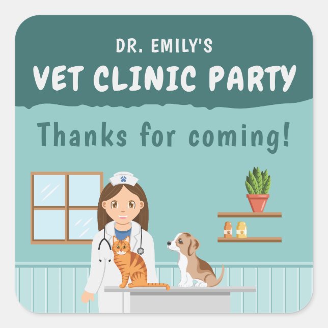 Adesivo Quadrado Girl Veterinarian Pet Clinic Birthday Thank You (Frente)