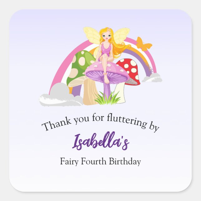 Adesivo Quadrado Girls Fairy Mushroom Rainbow Birthday  (Frente)