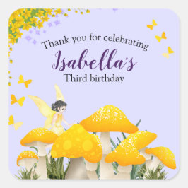 Adesivo Quadrado Girls Fairy Yellow Mushroom Butterfly Birthday