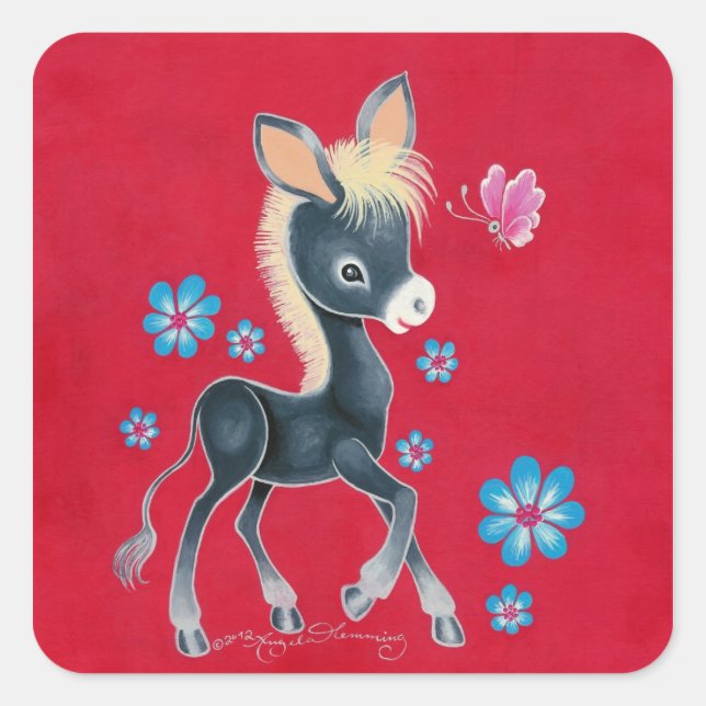 Adesivo Quadrado Girly Baby Donkey Com Flores (Frente)