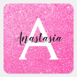 Adesivo Quadrado Girly Glam Rosa Brilhante Brilho Monograma Nome