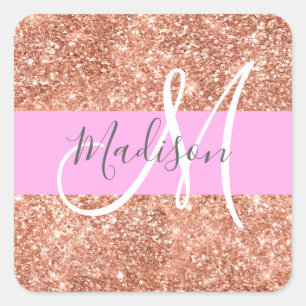 Adesivo Quadrado Girly Glam Rosa Dourado Glitter Monograma Nome