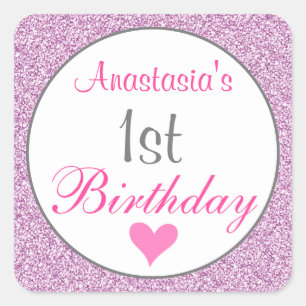 Adesivo Quadrado Girly Glam Rosa Lilás Roxo Brilho 1º Aniversário