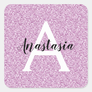 Adesivo Quadrado Girly Glam Roxo Brilho Monograma Nome
