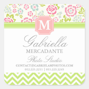 Adesivo Quadrado Girly Primavera Floral Chevron Personalizado Monog