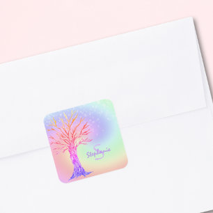 Adesivo Quadrado Girly Rainbow Sparkles Nome do Monograma 