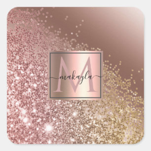 Adesivo Quadrado Girly Rosa Dourada Glitter Name Monograma