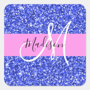 Adesivo Quadrado Glam Azul Escuro Rosa Brilho Faíscas Monograma Nom