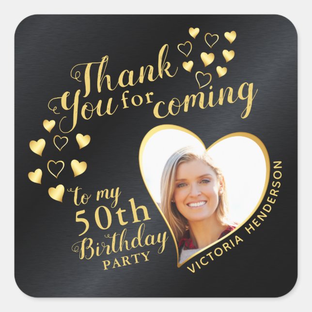 Adesivo Quadrado Glam Black e Dourado 50º Aniversário Obrigado por (Frente)