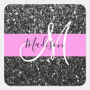Adesivo Quadrado Glam Chic Rosa Preto Brilho Brilhar Nome Monograma