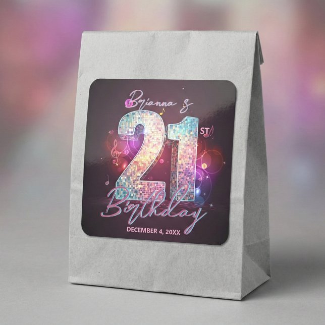 Adesivo Quadrado Glam Disco Ball Musical Notes Pink 21st Birthday (Criador carregado)