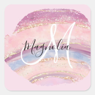 Adesivo Quadrado Glam Dourado Rosa Azul Monograma de Pincelada de P