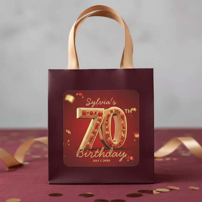 Adesivo Quadrado Glam Elegant Gold & Ruby Red Gems 70th Birthday (Criador carregado)