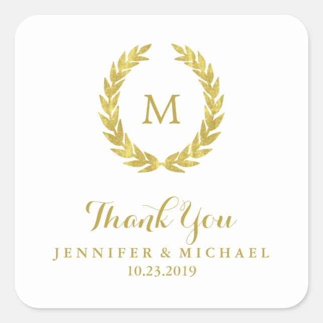 Adesivo Quadrado Glam Faux Gold Foil Laurel Wreath Monograma Casame (Frente)